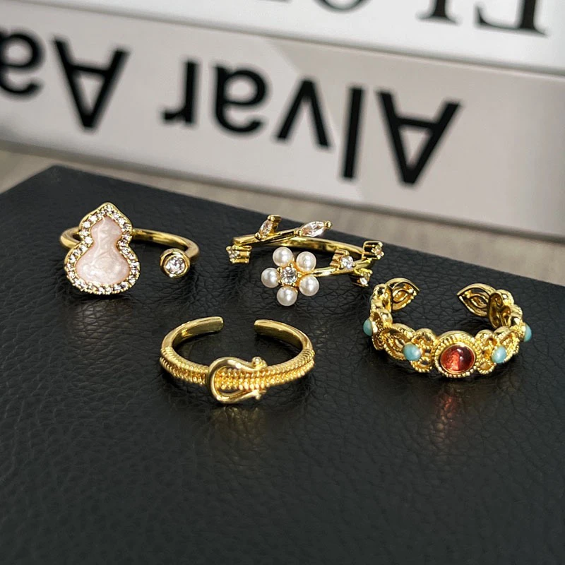 

Ele Pearl Ring for Women Gourd Flower Design Fingertip Splendor Retro Court Sle Faionable Mixed Matching Index Finger...