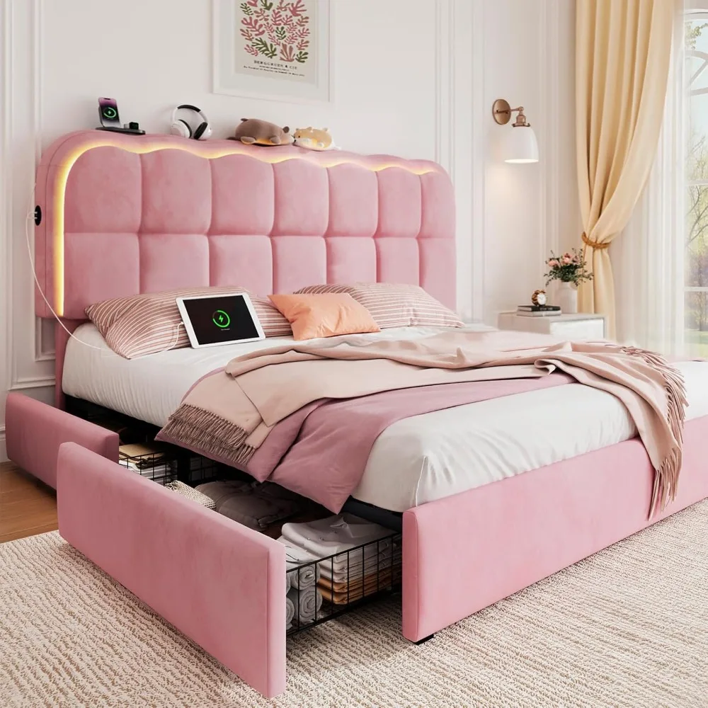 Queen Size Bed Frame with 4 Storage Drawers & LED Lights, Velvet Upholstered Platform Bed Frame with Charing, Customized