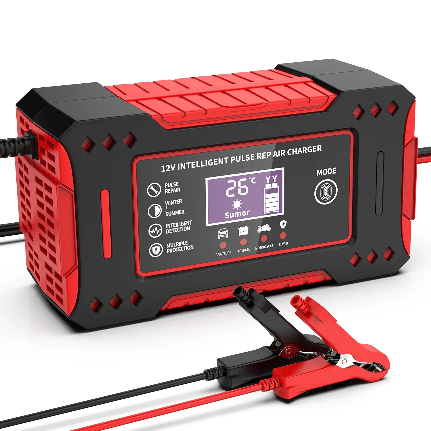 6A 12V Intelligent Car Battery Charger Car And Motorcycle Battery Charging Unit Lead-Acid Battery Repair LCD Display