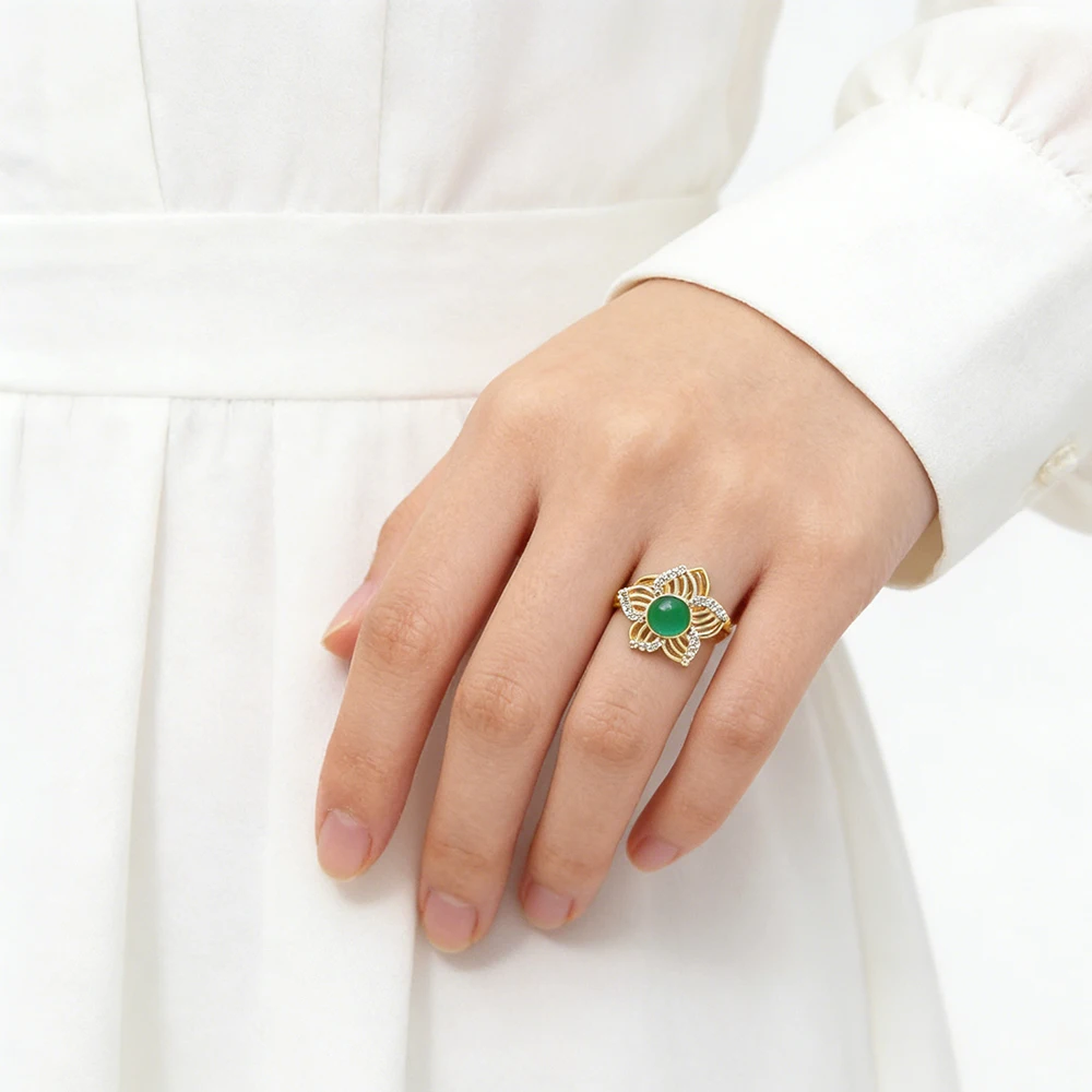 Gift Ready Flower Ring with Green Stone Zirconia Jewelry for Women Birthday Anniversary Valentine's Gift Mother's Holiday Gift
