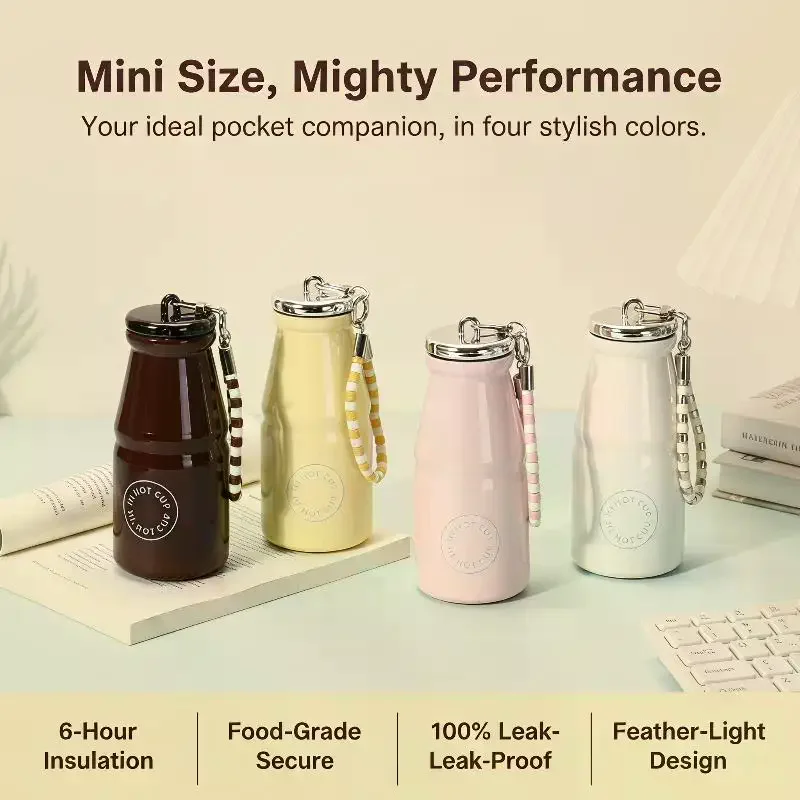 280ML Stainless Steel Milk Coffee Cup Leak Proof With Hanging Chain Macaron Color Insulated Pocket Water Bottle