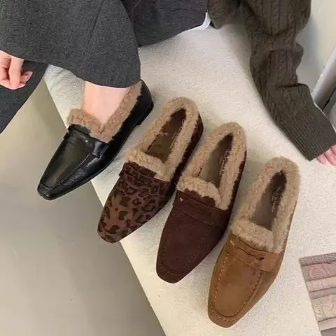 Retro Loafers 2025 Fashion Women's Shoes Autumn Winter Women Plush Warm Flat-bottomed Rabbit Fur Women Loafers 3202