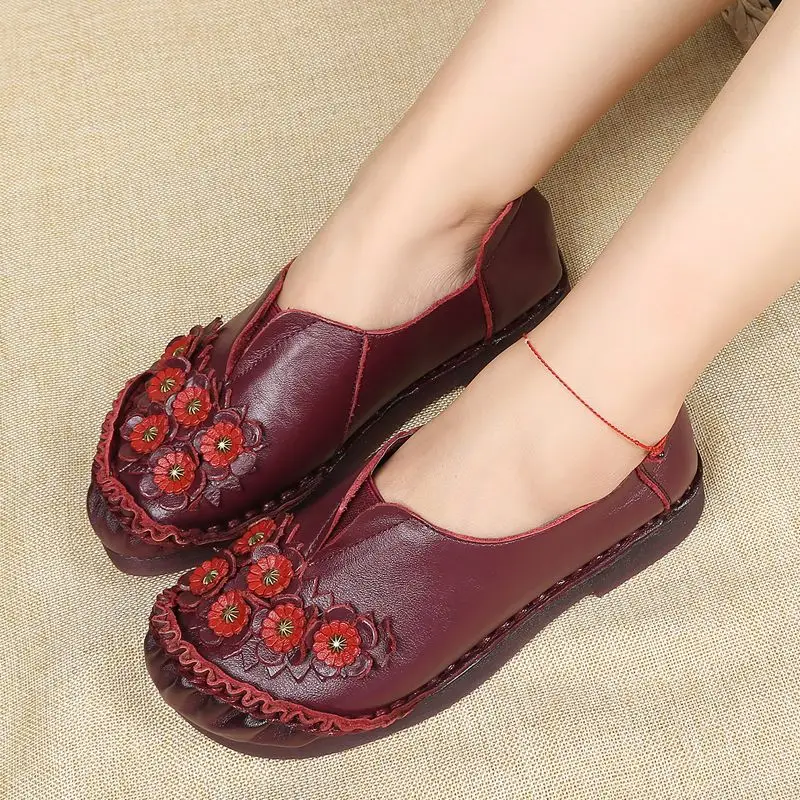 Women\'s Genuine Leather Loafers Woman Dressy Ballet Flats Ladies Purple Moccasin Shoes Big Size 42 Blue Flower Flat Shoes