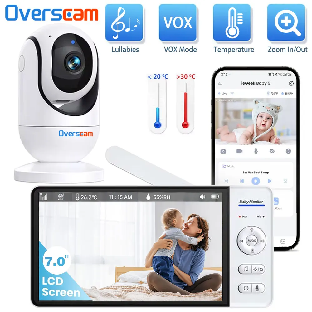 

7.0 Inch Screen Baby Monitor 5000mAh Battery Indoor Smart Home Security PTZ Zoom Camera Video Surveillance Temperature Lullabies