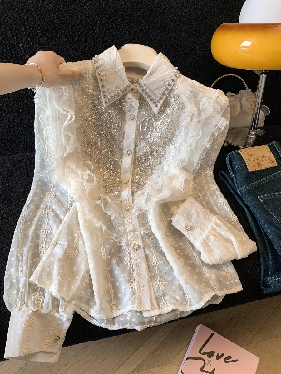 

French Style Chiffon Blouse for Women New Spring 2026 Inner Layer Lace Top