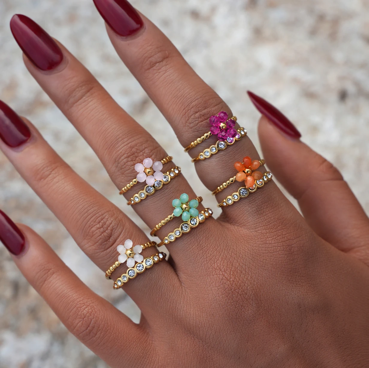 Exquisite Colorful Zircon Flower Design Stainless Steel Rings 18K Gold Plated Waterproof Jewelry For Daily Wear Vacation Seaside view 3