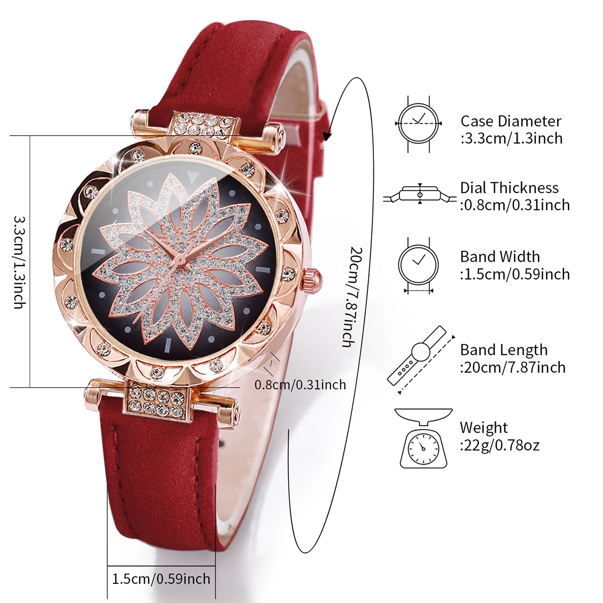 5Pcs/set Fashion Women\'s Watch Flower Dial Quartz Watches Leather Band Wristwatches Rhinestone Jewelry Set（Without Box）