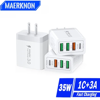 USB 35W 4 port şarj hızlı şarj 3.0 ab/abd Plug duvar hızlı PD şarj adaptörü iPhone 13 12 Pro Max Xiaomi Huawei