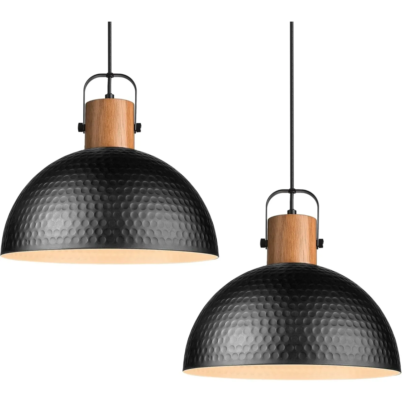 US 2 Pack Large Pendant Light Fixtures 16 Inch Hammered Metal Ash Wood Dome Ceiling