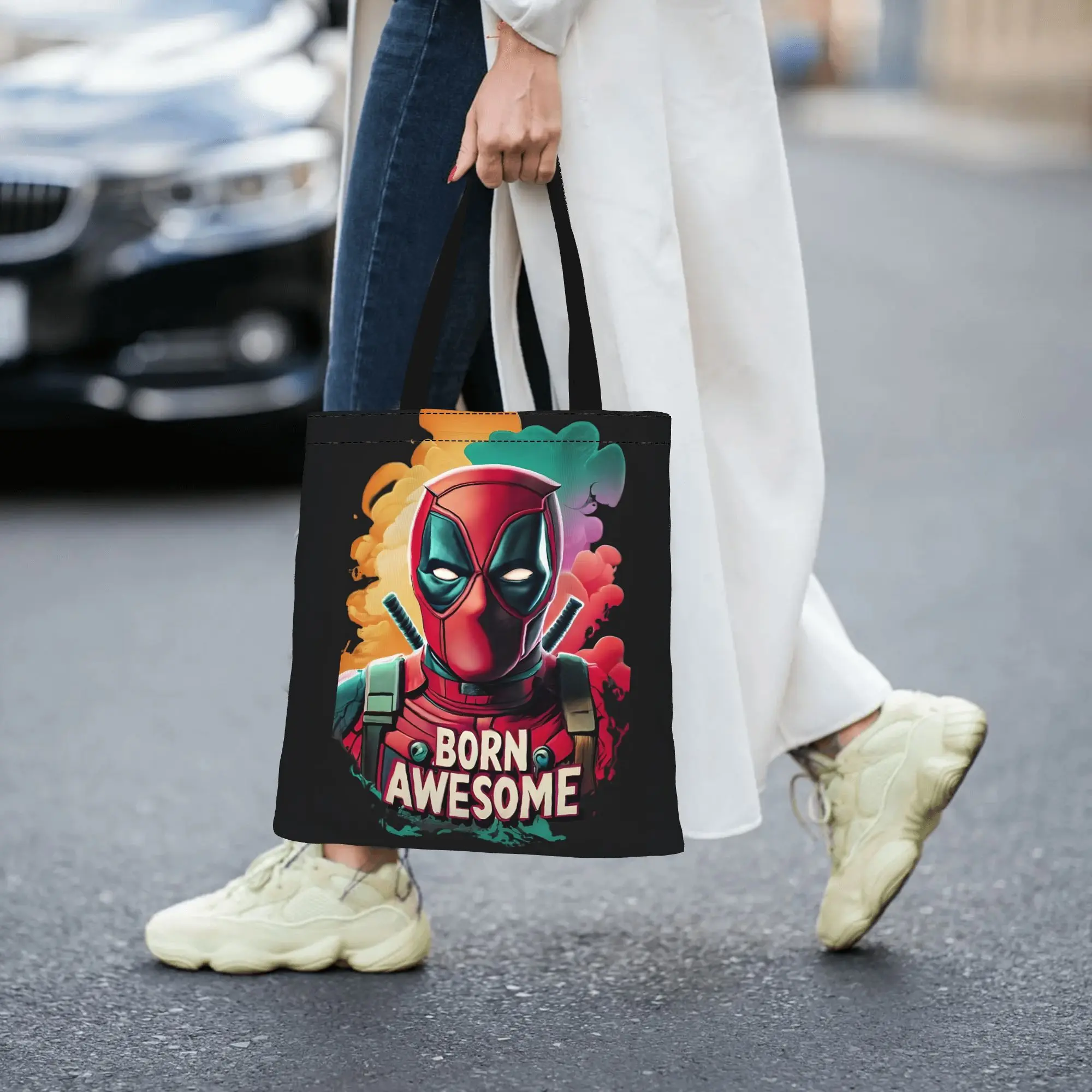 

Bags for woman 2026 Leisure and entertainment Large Capacity Born Awesome Marvel Canvas Tote Bag Foldable Chic Pattern Gifts