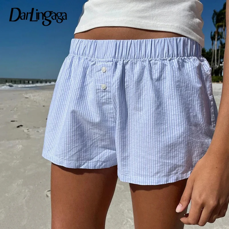 

Darlingaga Casual Stripe Summer Shorts Womem Buttons Korean Fashion y2k Clothes Shortpants Homwear Bottoms Basic Shorts Trousers