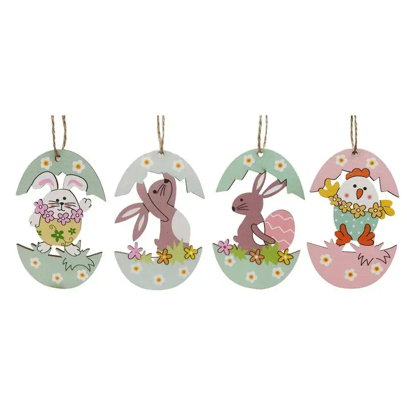 Wooden Easter Bunny Pendant Easter Egg Bunny Hanging Ornaments Lovely Rabbit Flat Hanger Colorful Easter Wall Art For Front