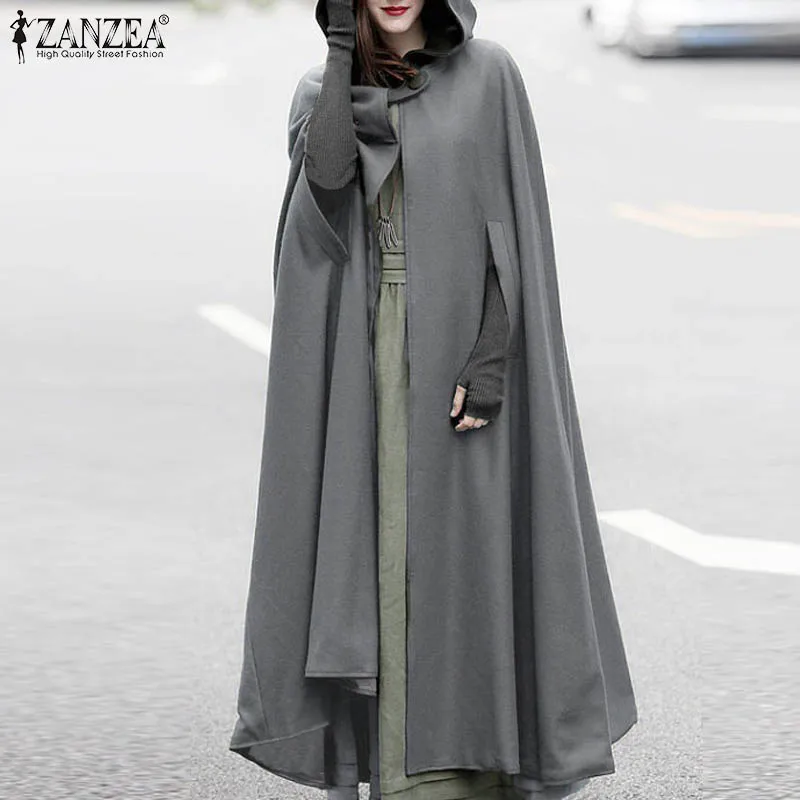 2025 automne hiver Capes cape ZANZEA femmes à capuche longs manteaux élégant ample solide Ponchos vestes vêtements d'extérieur Cosplay manteaux surdimensionné