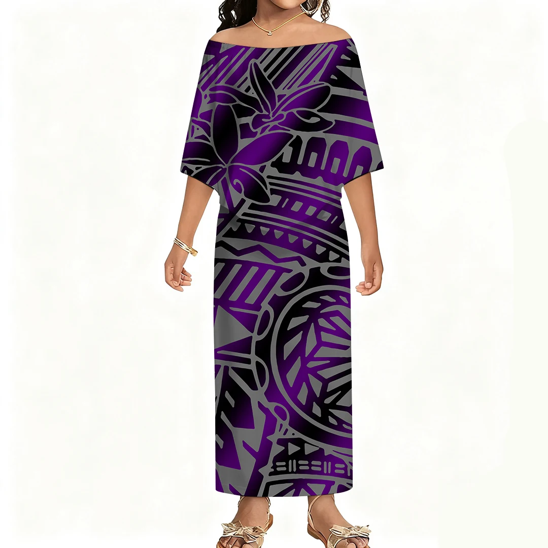 البولينيزية نمط مخصص الصيف خارج على الكتف الرجعية كبيرة الجبهة هيم فستان طويل فضفاض للفتيات والنساء