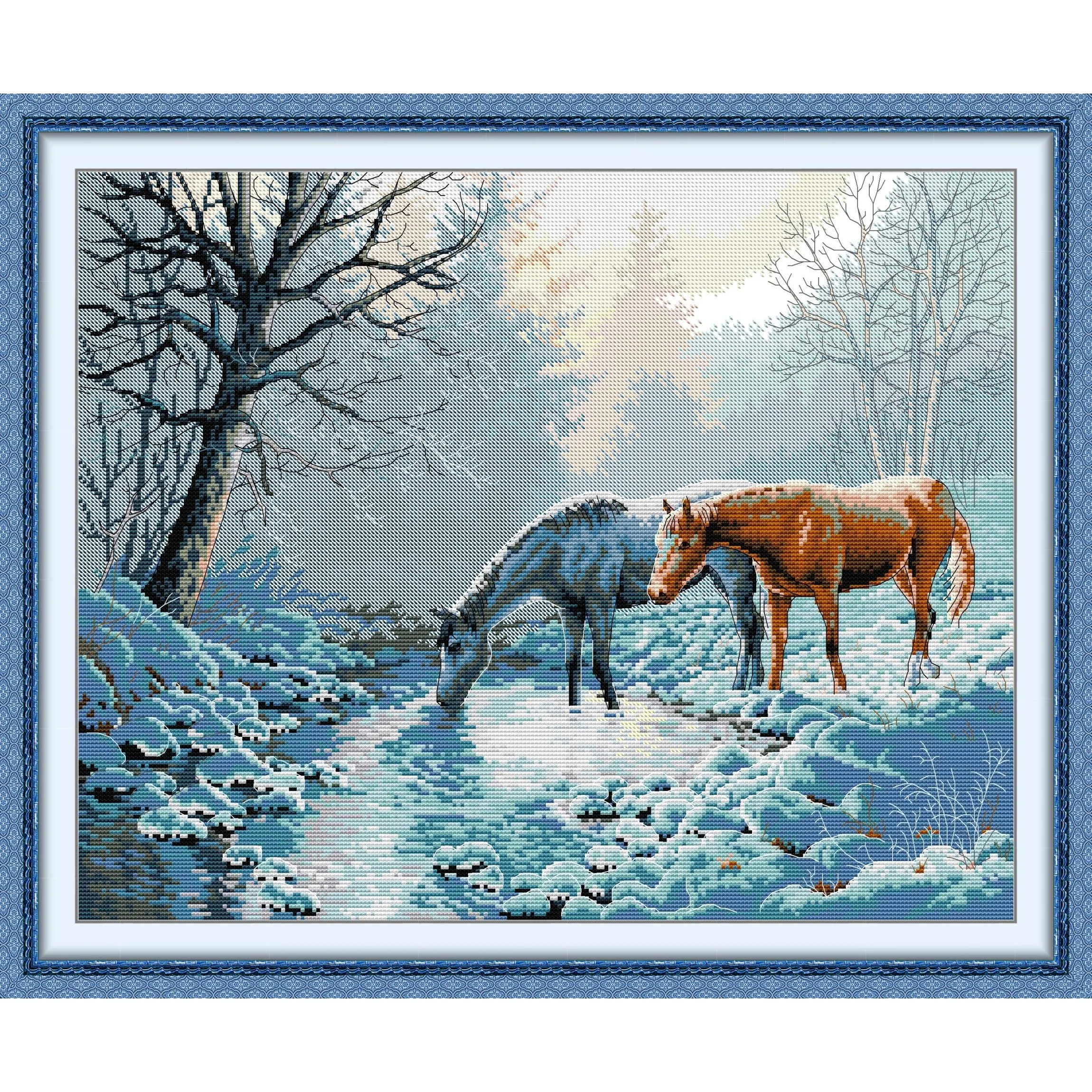 

Soulgift News Pre-Printed Cross Stitch Kit, Stamped Aida Fabric with DMC Threads, Embroidery Kit - Two Horses 2