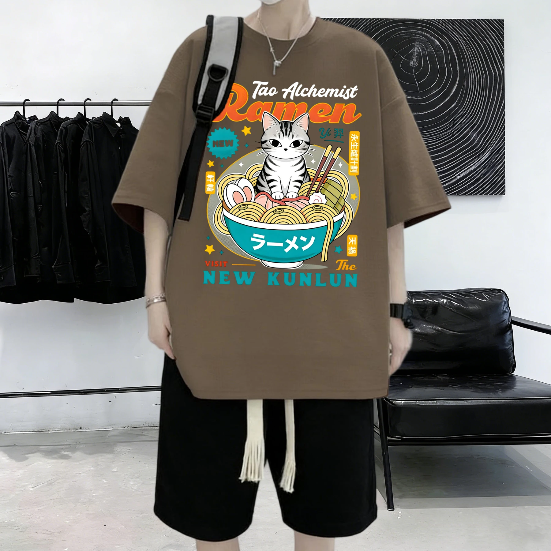 A Cat With A Bowl Of Noodles Printed Men Cotton Soft Summer Streetwear Daily Office T-Shirt Breathable Korean Short Sleeve
