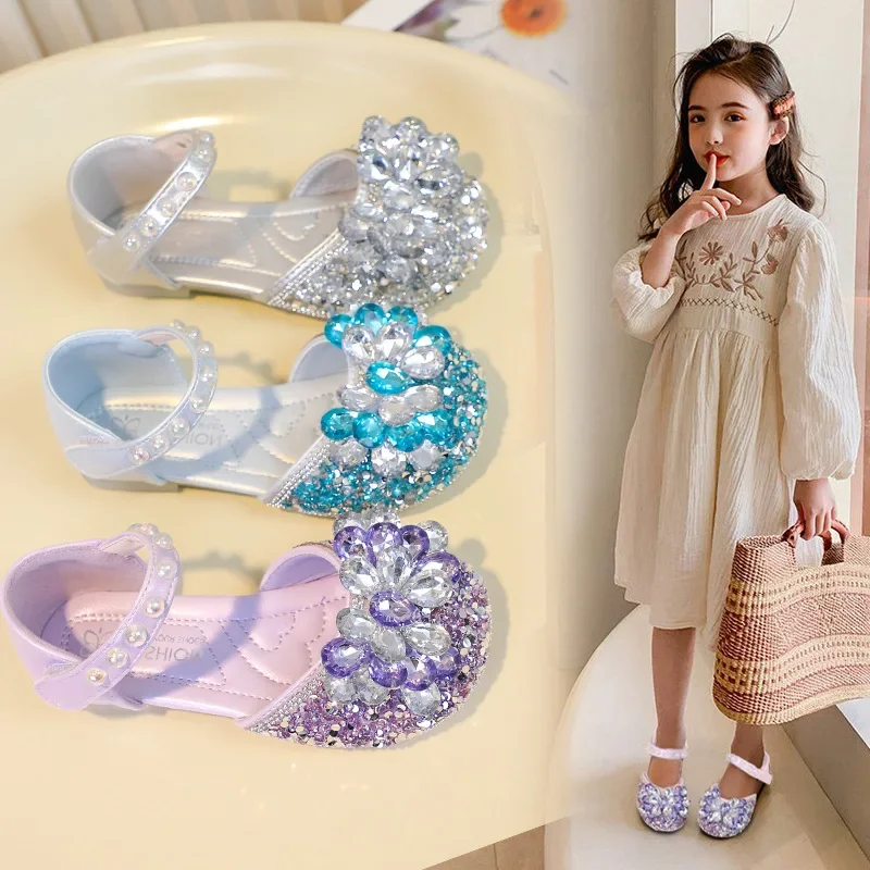 

Children's Sandals Fashion Sequins Girls' Crystal Princess Shoes Summer New Soft Soled Anti Slip Baby Kid's Leather Shoes