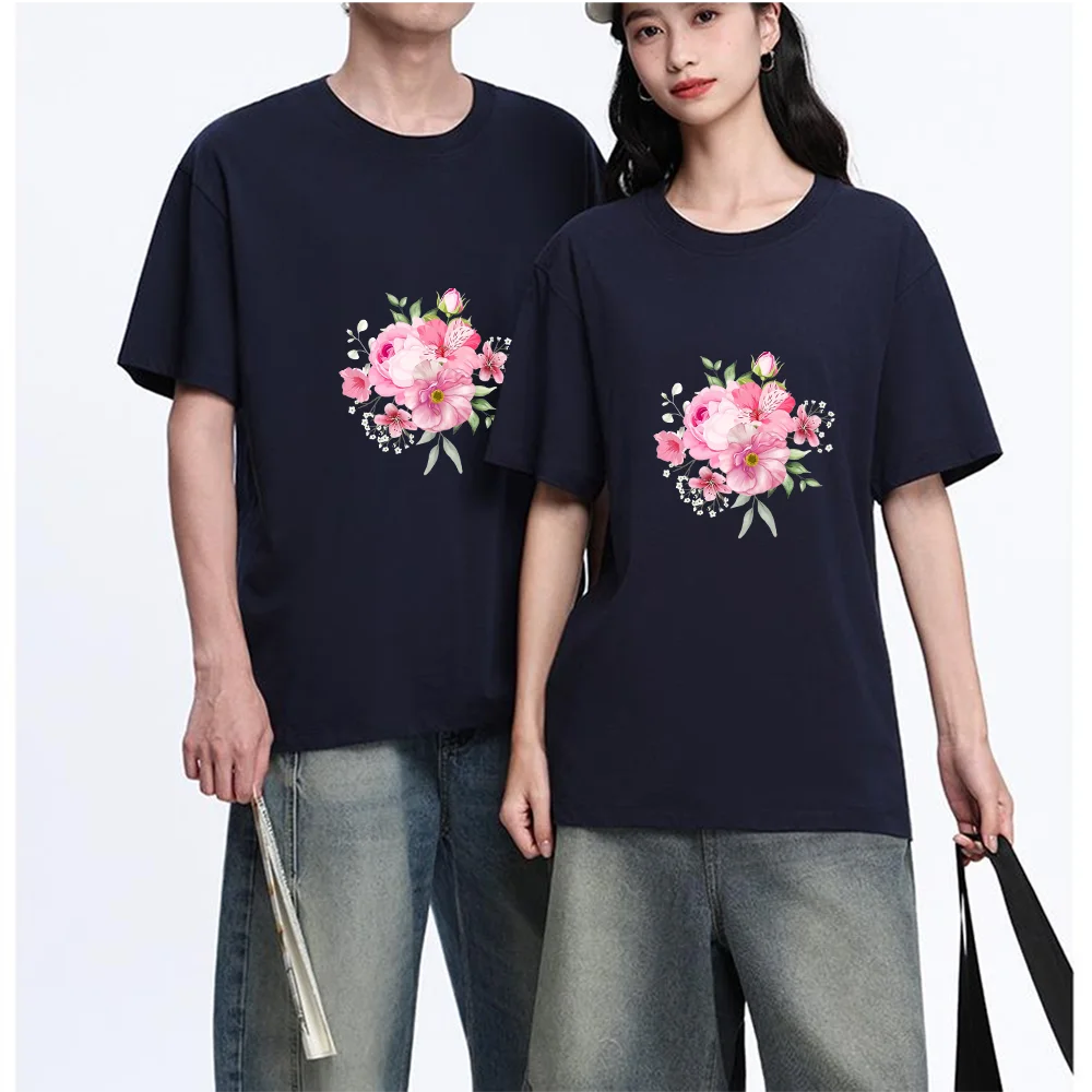 Pink Floral Bouquet Printed T Shirt Breathable Fabric S-XXL Personalized Custom Casual Short Sleeve Tee Aesthetic Graphic Top Un
