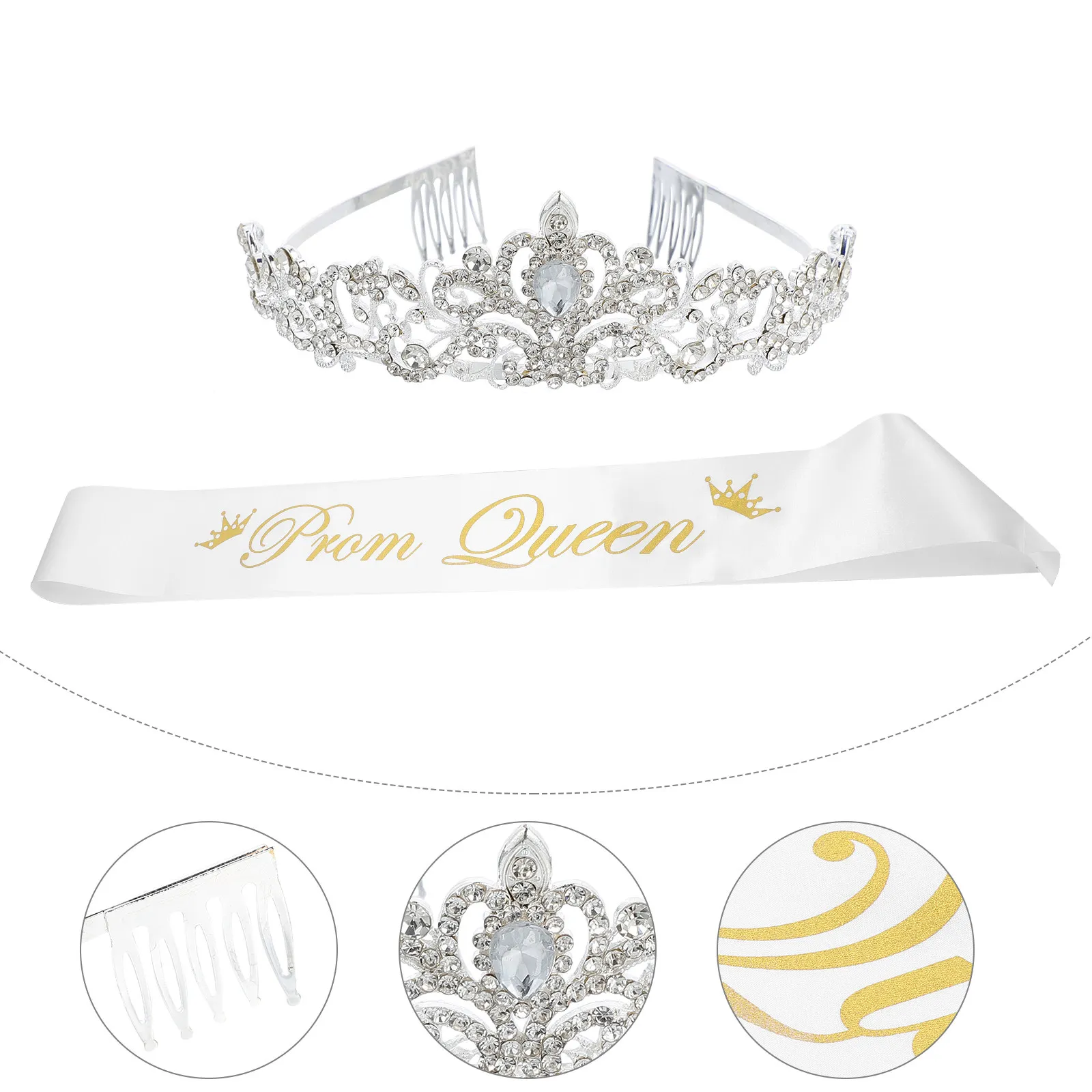 

2Pcs Bride Crown Sash Set Luxurious Rhinestone Encrusted Hairband Fancy Stylish for Special Events Photo Shoots Daily Wear