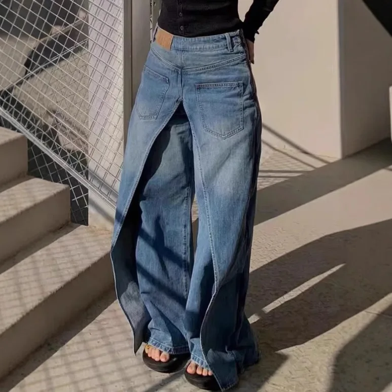 American Retro Deconstructed Denim Jeans Women's Y2K High Street Design Long Casual Wide Leg Pants Trendy Double-Sided Wear