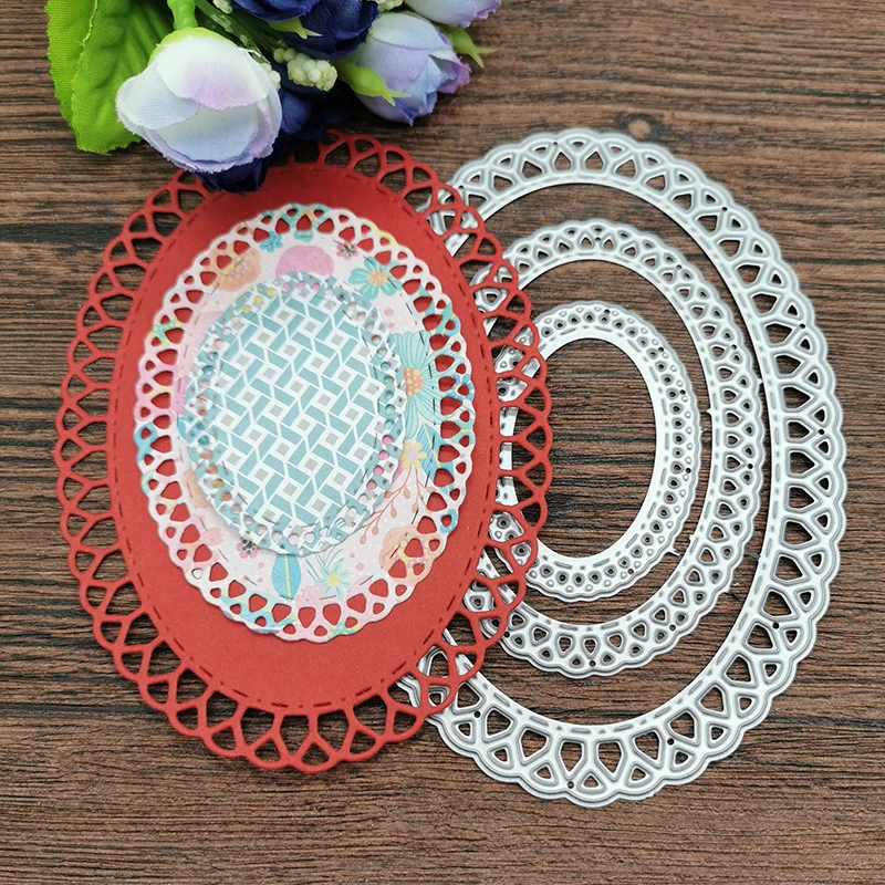 3pcs/set Oval Circle Scallop Fram Metal Cutting Dies for DIY Scrapbooking Album Paper Cards Decorative Crafts Embossing Die Cuts