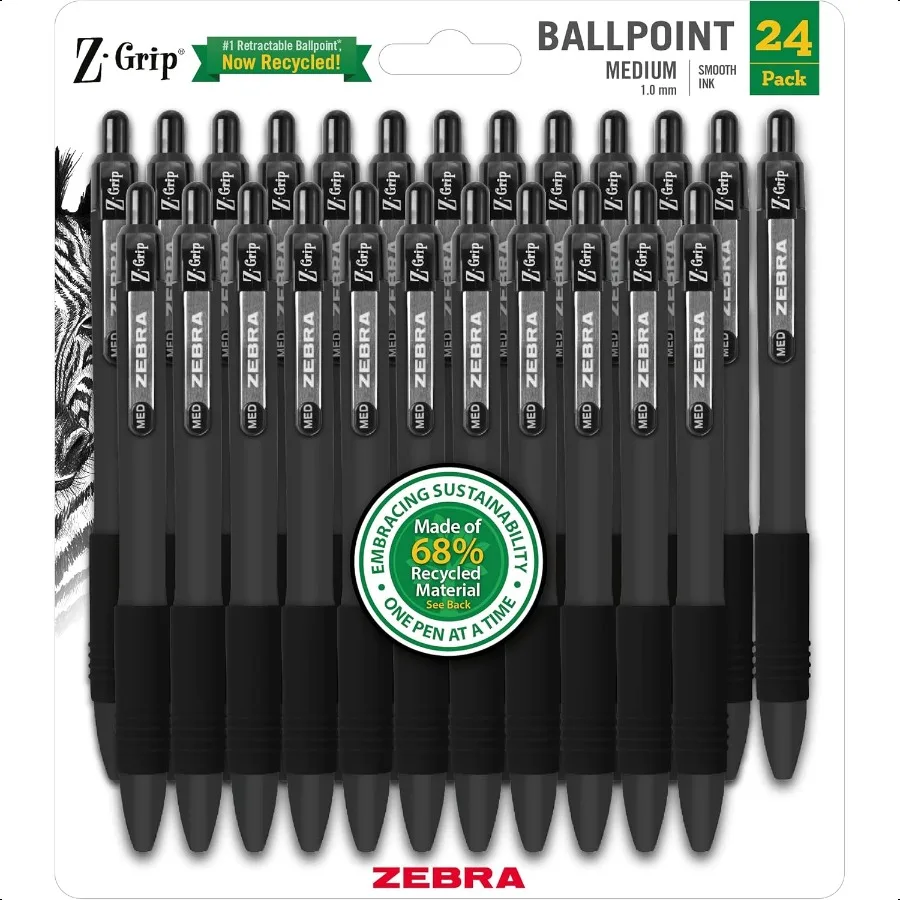 

ZGrip Recycled Retractable Ballpoint Pens1.0mm Black Ink Durable Metal Clip 68 Recycled 24Pack 20314