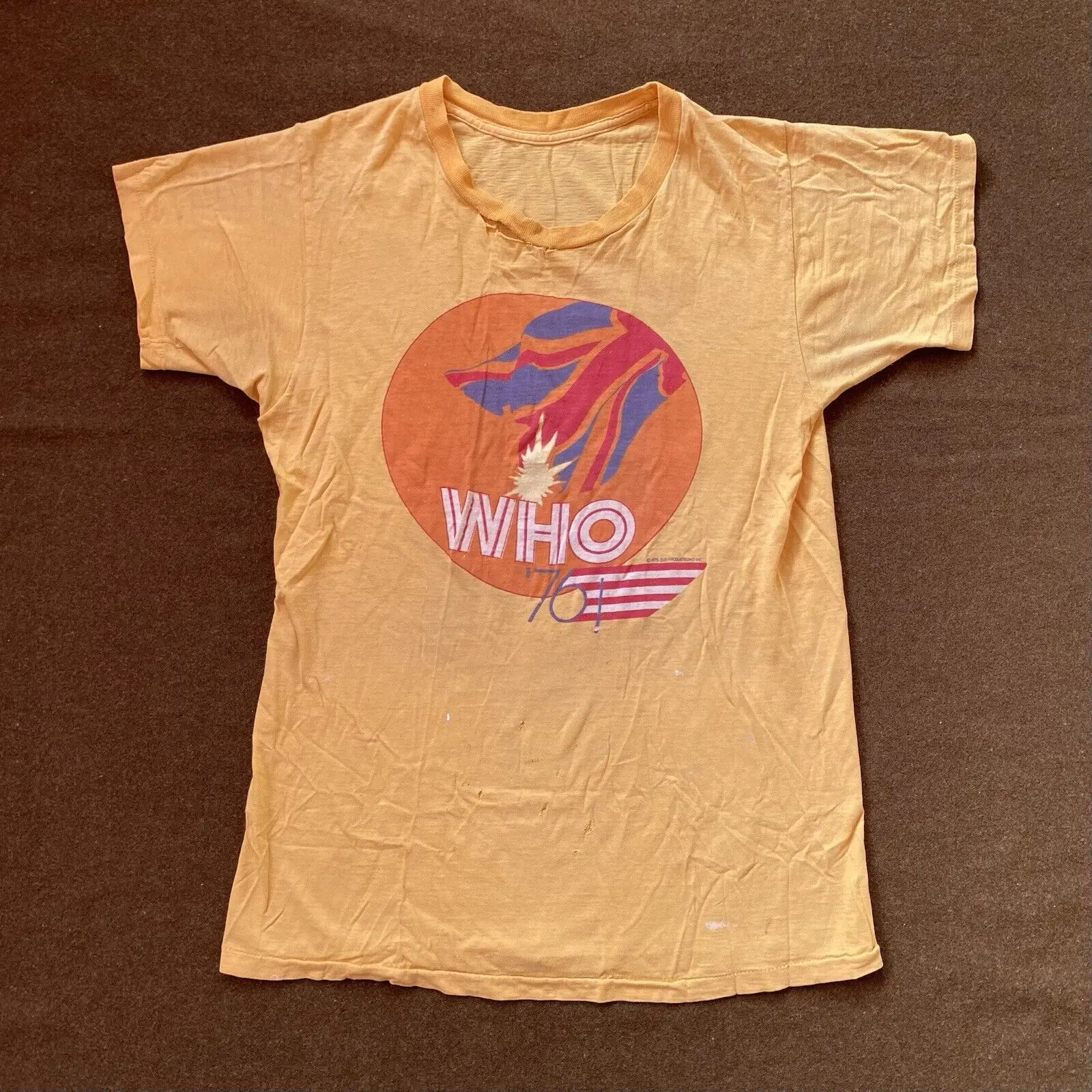 Vintage 70s 1976 The WHO American Tour Mustard Yellow Lightly Thrashed T Shirt