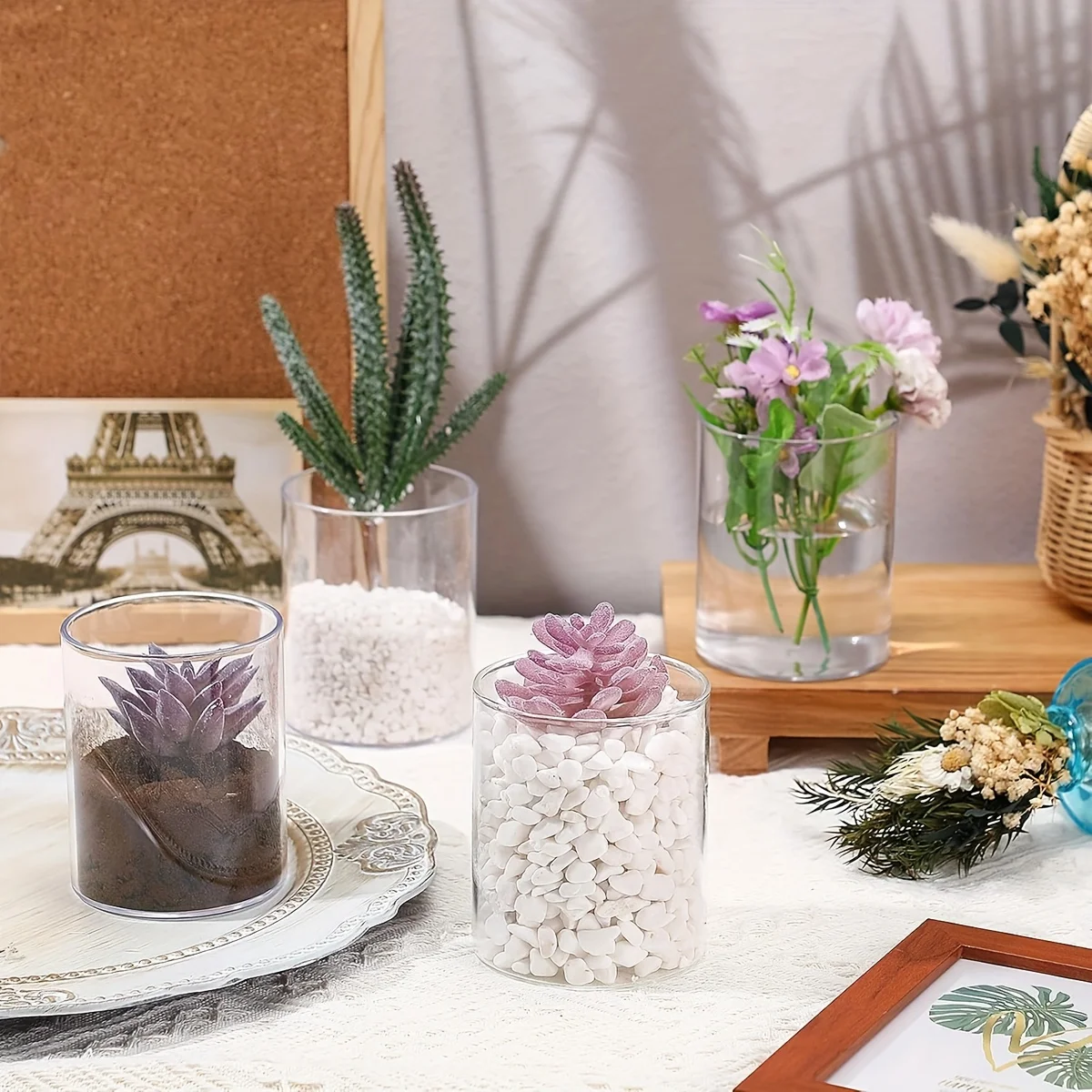 6/4 Pcs Plastic Cylinder Vase Acrylic Cylinder Vase Small Clear Flower Container Hurricane Candle Holder Round Wide Container