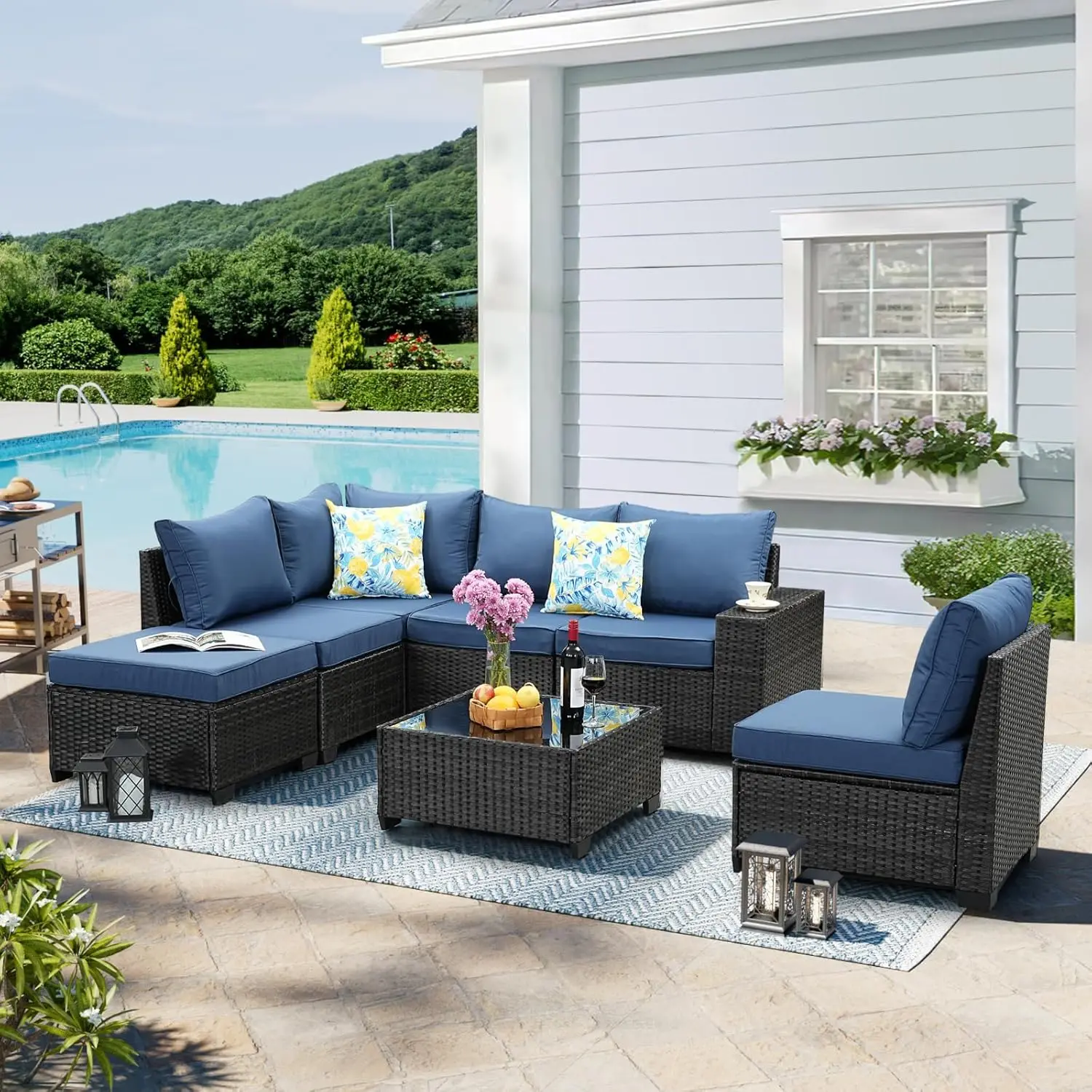 Terrassen möbel Set Allwetter Terrasse Gespräch setzt Korb weide Pe Rattan Outdoor Schnitts ofa Sofa mit Kissen Ottomane Tisch