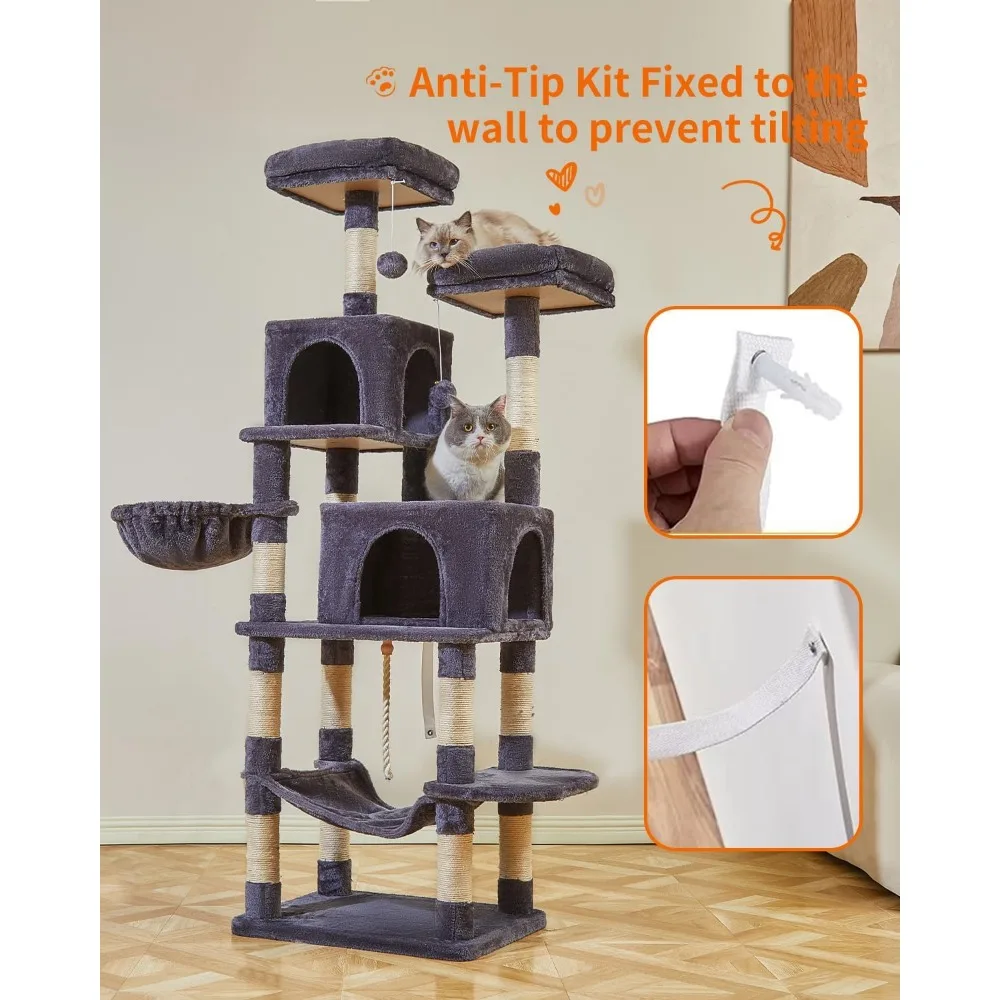 Taoqimiao Cat Tree, 66.2-Inch Cat Tower for Indoor Cats, Plush Multi-Level Cat Condo with 12 Scratching Posts, 2 Perches, 2 Cave