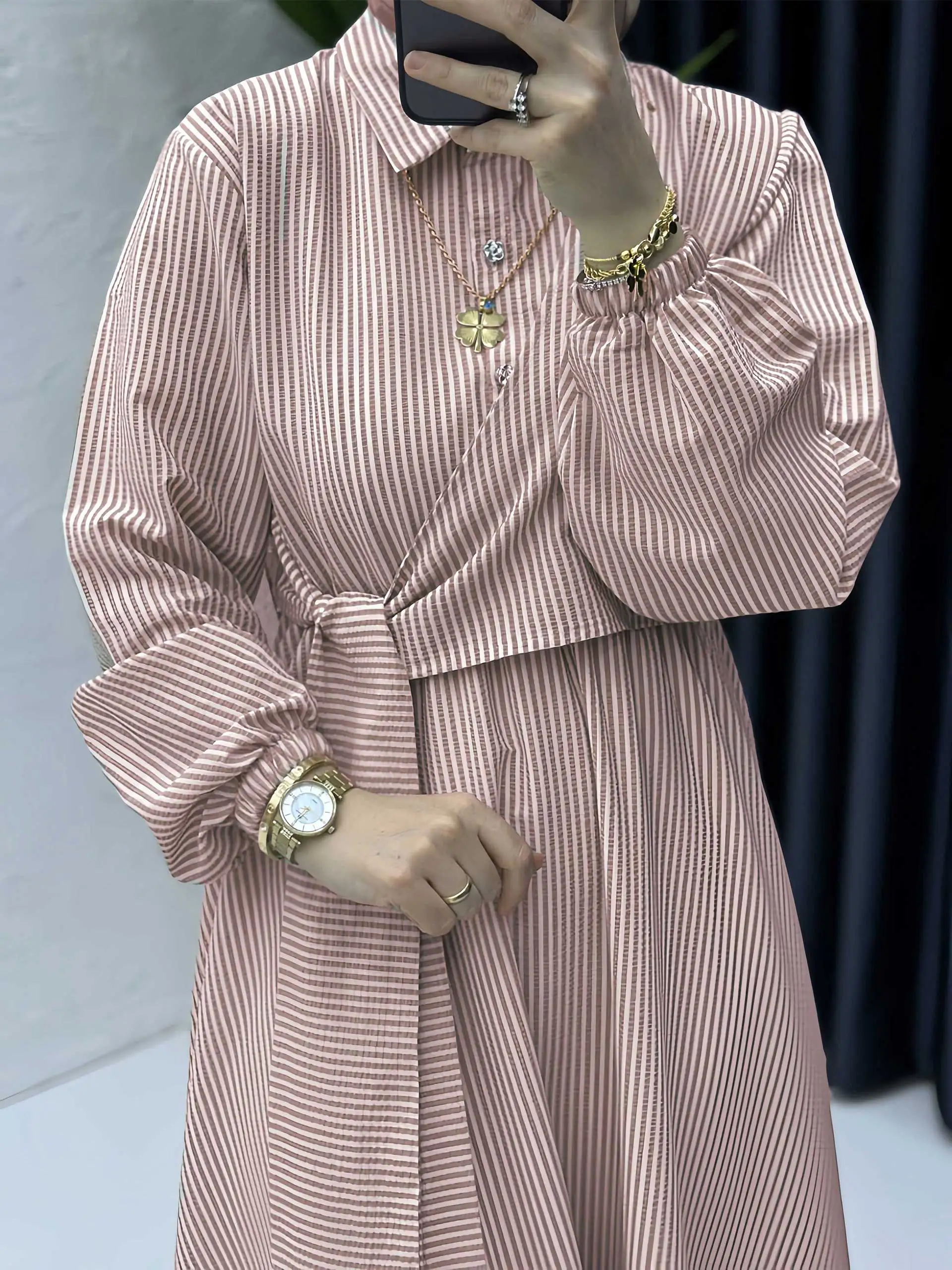 Trendy Striped Modest Dress Shirt Collar Waist Tie Design Great for Modern Islamic Women's Daily Commutes and Coffee Dates 2025