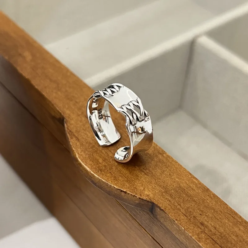 VENTFILLE 925 Sterling Silver Overlapping Ring for Women Girl Gift Weave Texture Hollowing Out Punk Wide Jewelry Dropshipping