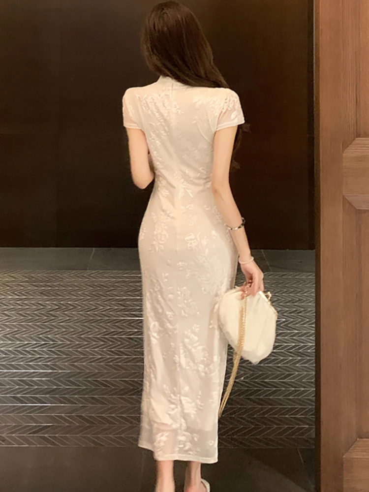 2025 nieuwe witte jacquard stand kraag lange jurk vrouwen elegante luxe party vestidos zomer koreaanse bodycon festival avondjurk