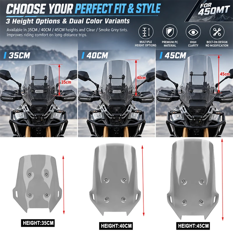 450MT Motorcycle Windshield For CFMOTO CF 450 MT MT450 CF450MT 35CM 40CM 45CM Front Windscreen Windshield Parts 2024 2025 2026