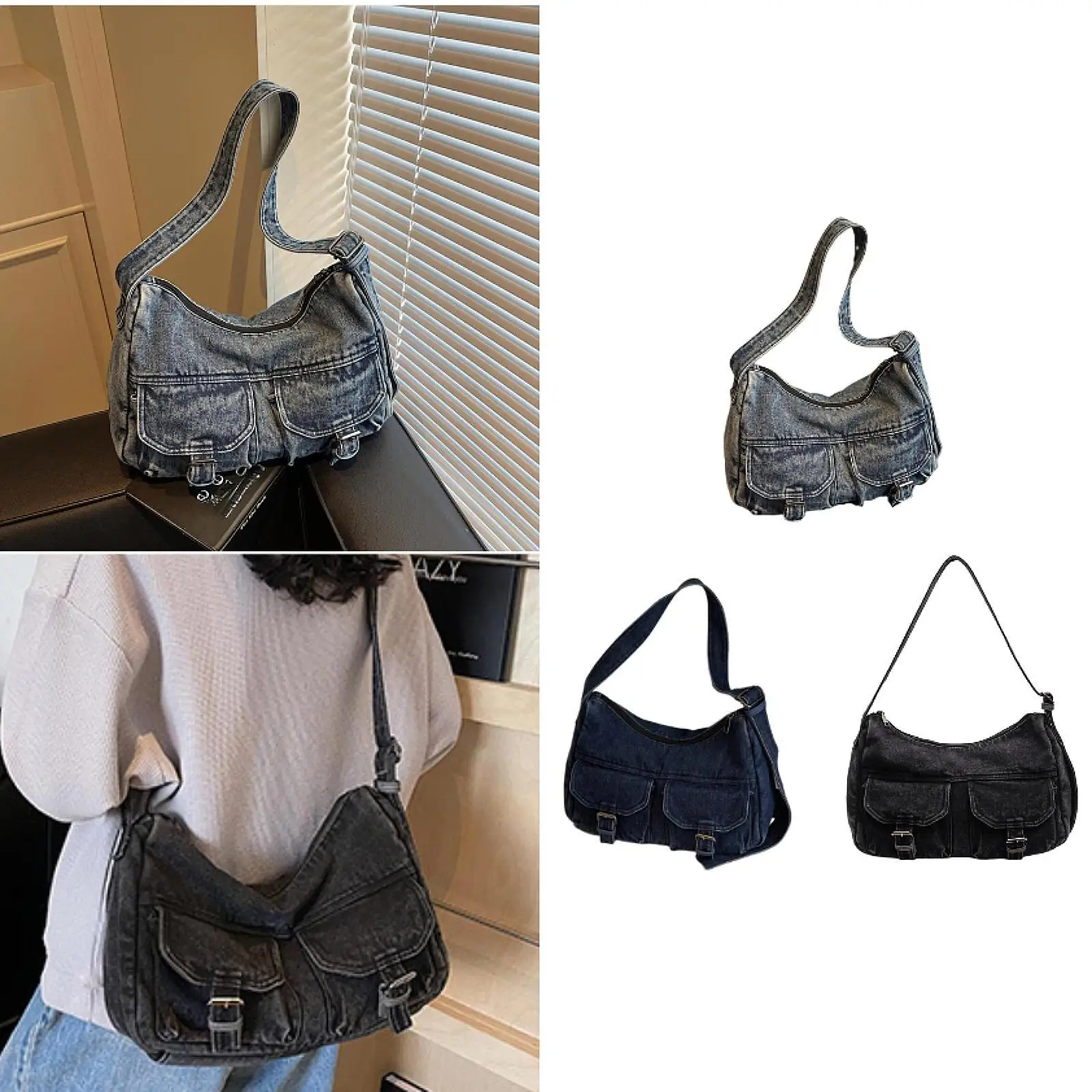 

Women's Shoulder Bag Large Capacity Distressed Tote Retro Adjustable Strap Denim Casual Style Crossbody Bag Purse Handbag