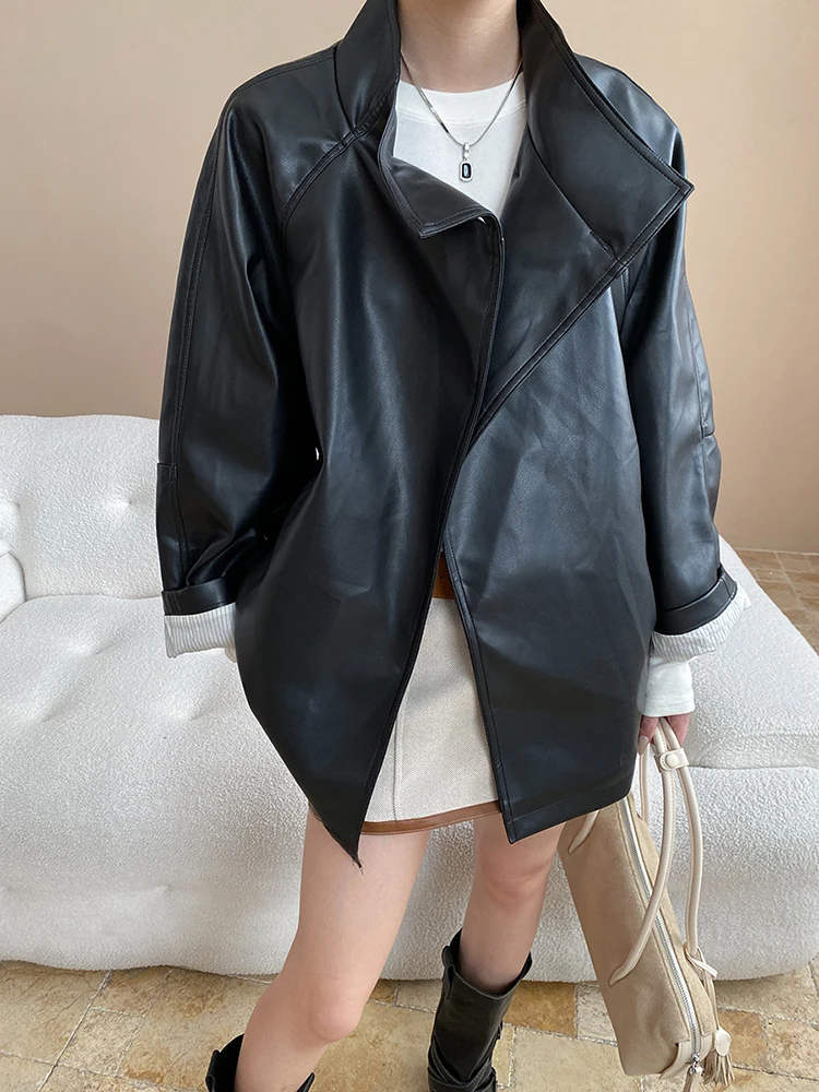 FANAN 黒革のジャケット女性のためのスタンドネックシングルブレストエレガントなコートオフィスレディ女性服 2025 秋新