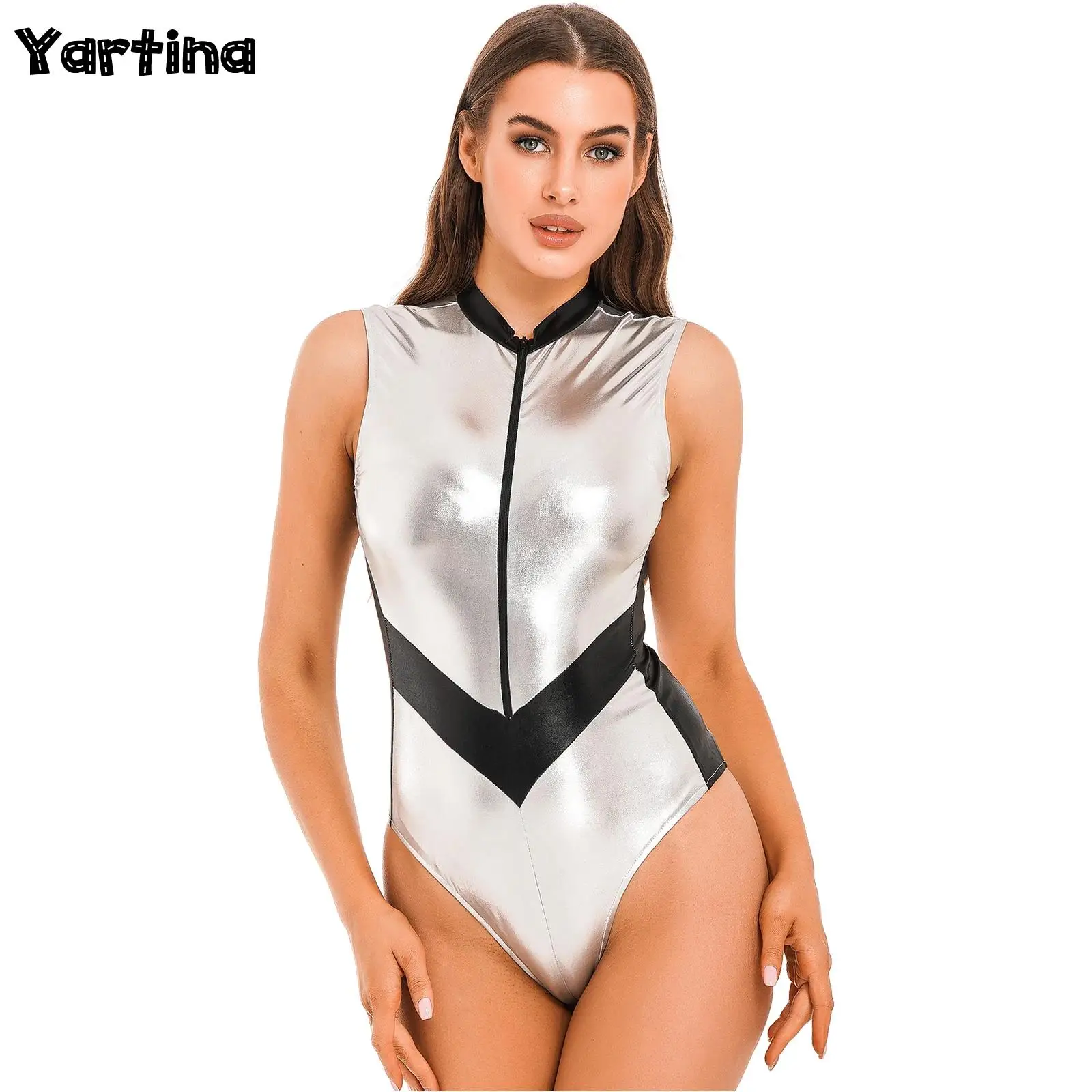 

Womens Astronaut Cosplay Costume Zipper Stand Collar Leotard Color Block Bodysuit Metallic Shiny Sleeveless Catsuit Clubwear