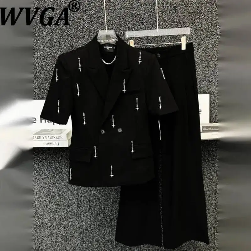 

WVGA Men's Summer New Elegant Metal-decorated Trendy Slim-fit Blazer Niche Chic Casual Straight Suit Pants Two-piece Sets W23617