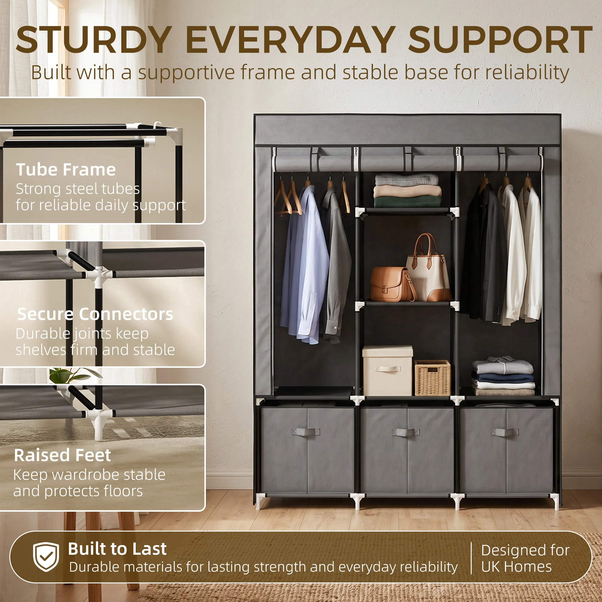 HOMCOM Portable Wardrobe w/ 5 Shelves 3 Fabric Drawers and 2 Hanging Rails Grey