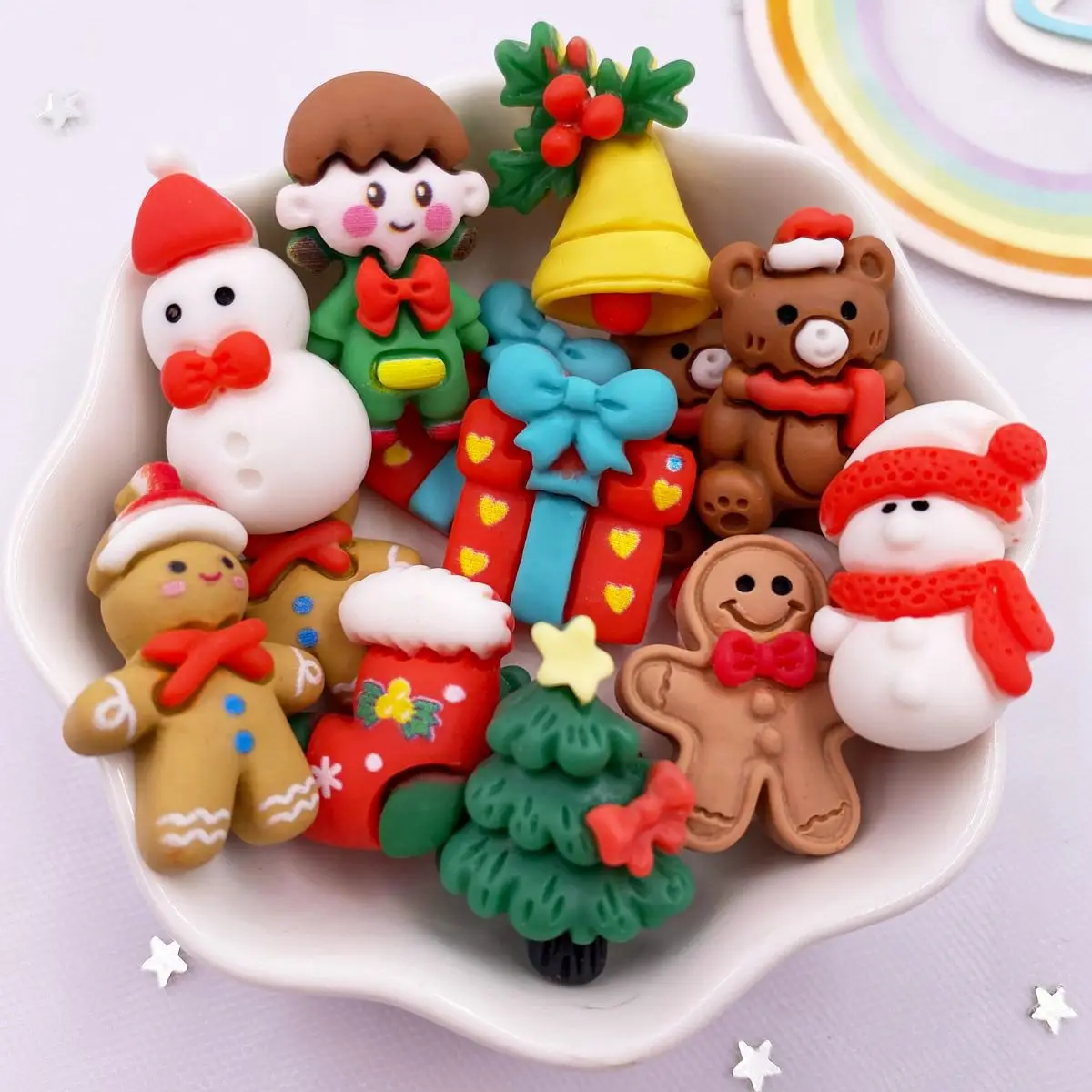 Resin Kawaii Colorful Gingerbread man Snowman Bells Trees Flat back Cartoon Christmas Figurines 10PCS Scrapbook DIY Decor Crafts