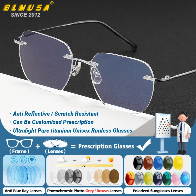 

BLMUSA Ultra-light Titanium Rimless Frame Myopia Prescription Glasses Unisex Simple Square Optical Reading Customized Eyeglasses