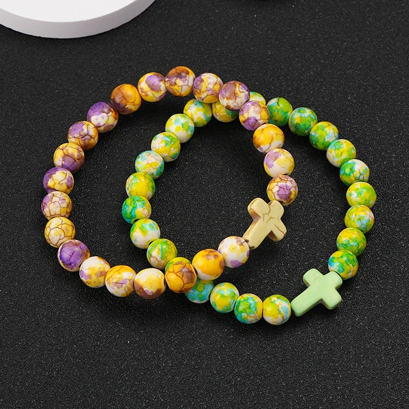 Hot Sale Unisex Cross Bracelet Colorful Imitation Turquoise Bracelet Beaded Bracelet Valentine's Day Gift Lucky Bracelet Jewelry