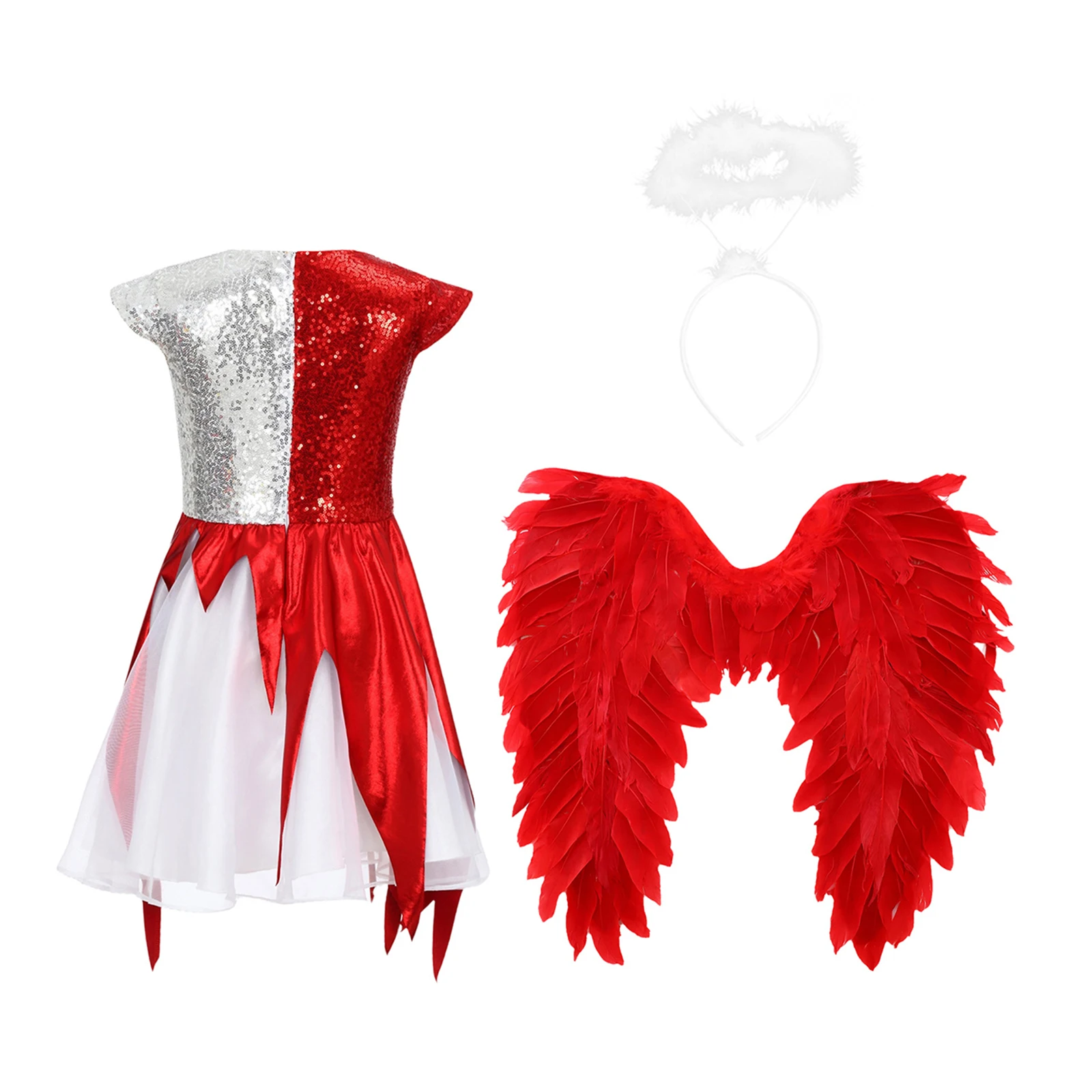 Dziewczęca 3-częściowa sukienka: pół-angiel, pół-démon, cekiny, kwadratowy dekolt, bez rękawów, metaliczny połysk, asymetryczna sukienka z opaską i skrzydłami.