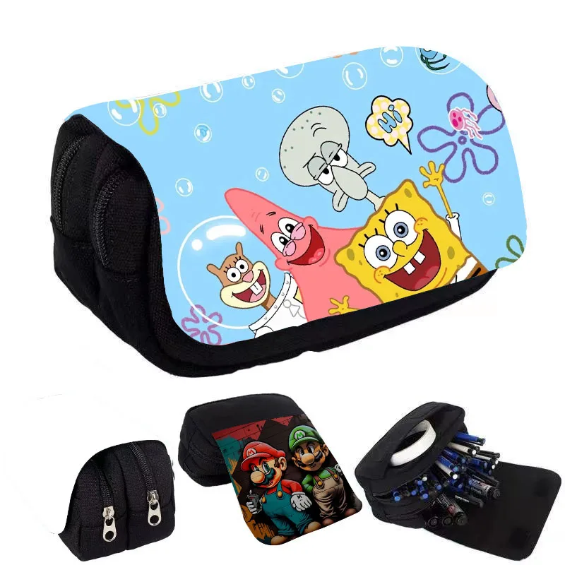 SpongeBob SquarePants Student Flip Pencil Case Movie Anime Cartoon Full Color Printed Portable Pen Stationery Storage Pencil Bag