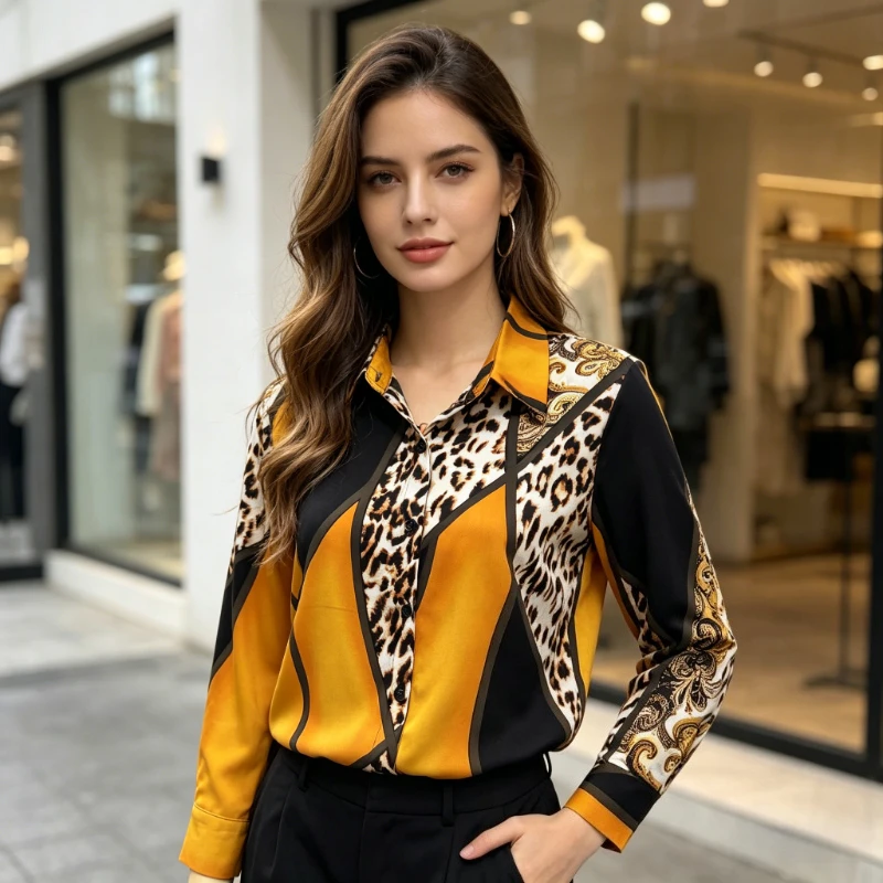 

Новые женские блузки из шифона с леопардовым принтом, рубашки с длинным рукавом, весенние корейские топы с пуговицами, модные женские блузы 2026