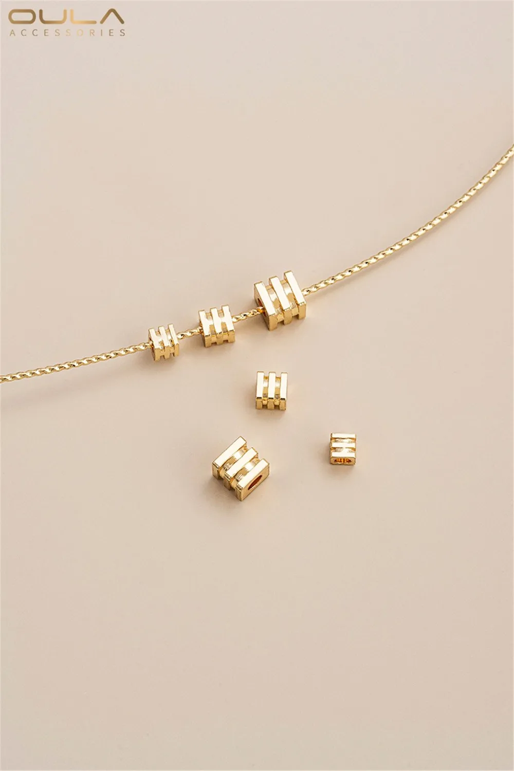 American 14K Gold-plated Square Beads, Three-line Square Loose Beads, Diy Bracelet, Necklace, String, Jewelry, Spacer Beads