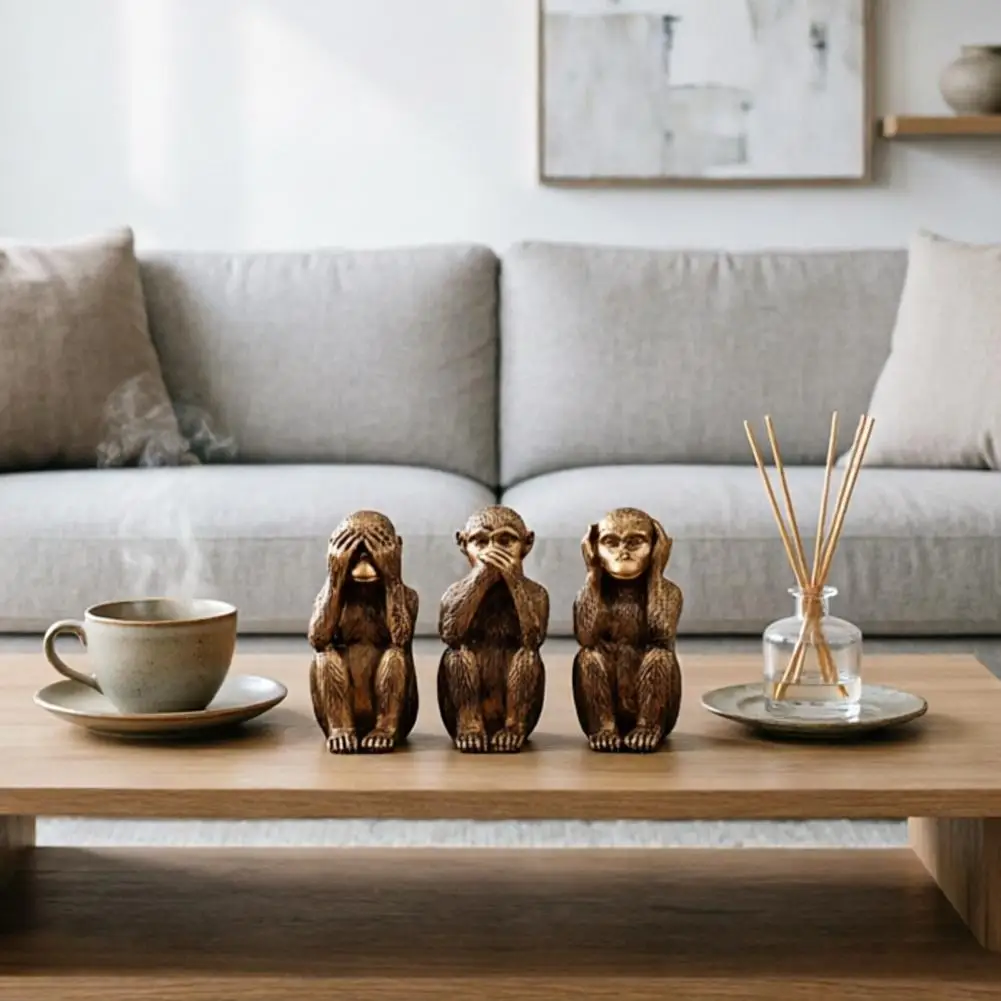 Monkey Sculptures Monkey Ornament 3 Wise Monkey Statue Set Resin Spiritual Figurines No Evil See Speak Sculptures for Desk Shelf