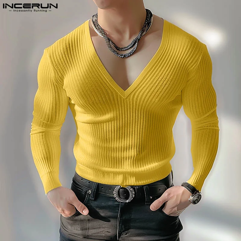 INCERUN Men\'s T Shirt V Neck Long Sleeve Knitted Solid Color Men Clothing Streetwear 2024 Fitness Fashion Casual Male Tee Tops