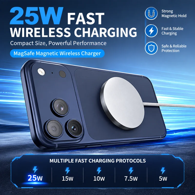 25W Qi2.2 Ultra Thin Aluminum Alloy Magnetic Wireless Charger Fast Charging Pad Universal Compatible with iPhone Android