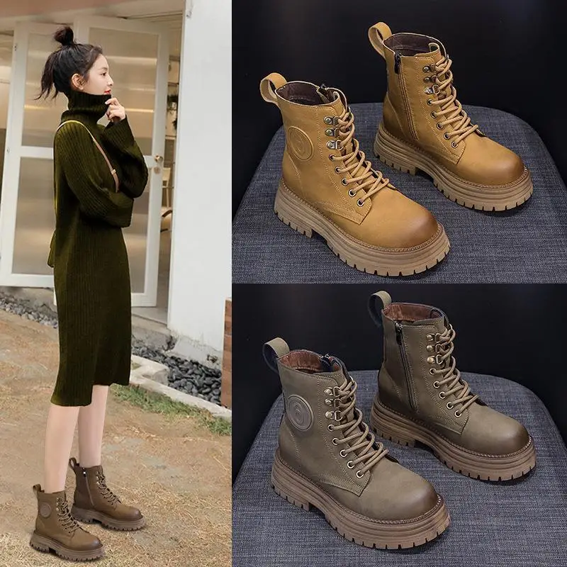 

British Style Boots Genuine Leather Mid-Calf Side Zip Thick Bottom Casual Versatile Fashionable Low Top round Toe